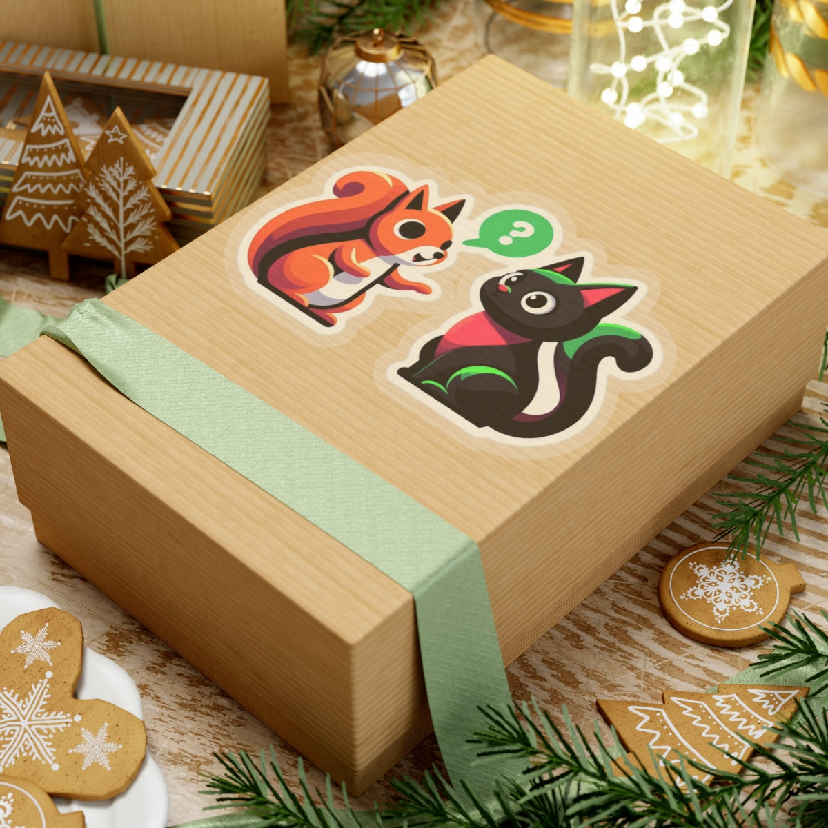 A chatty squirrel and a black cat, Kiss-Cut Stickers