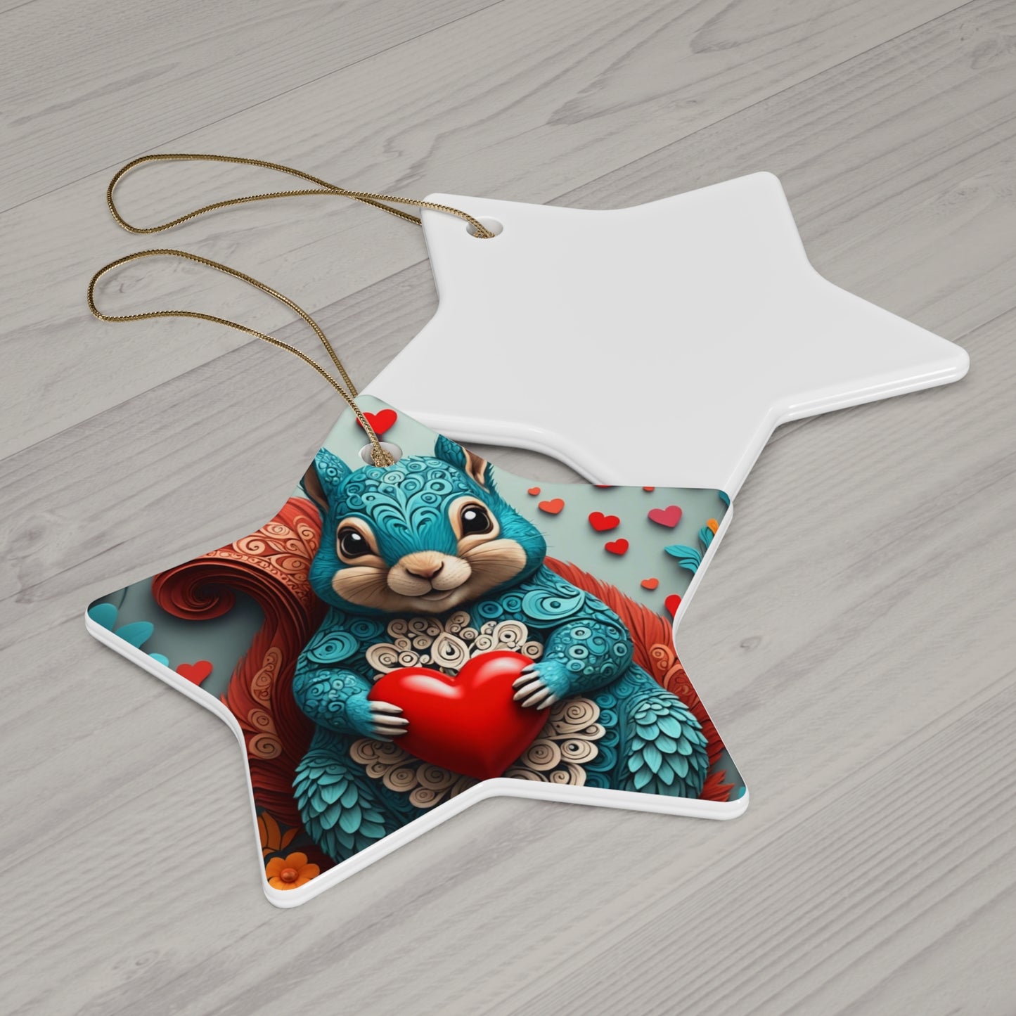 Woodcut Loving Squirrel Ceramic Ornament, 4 Shapes