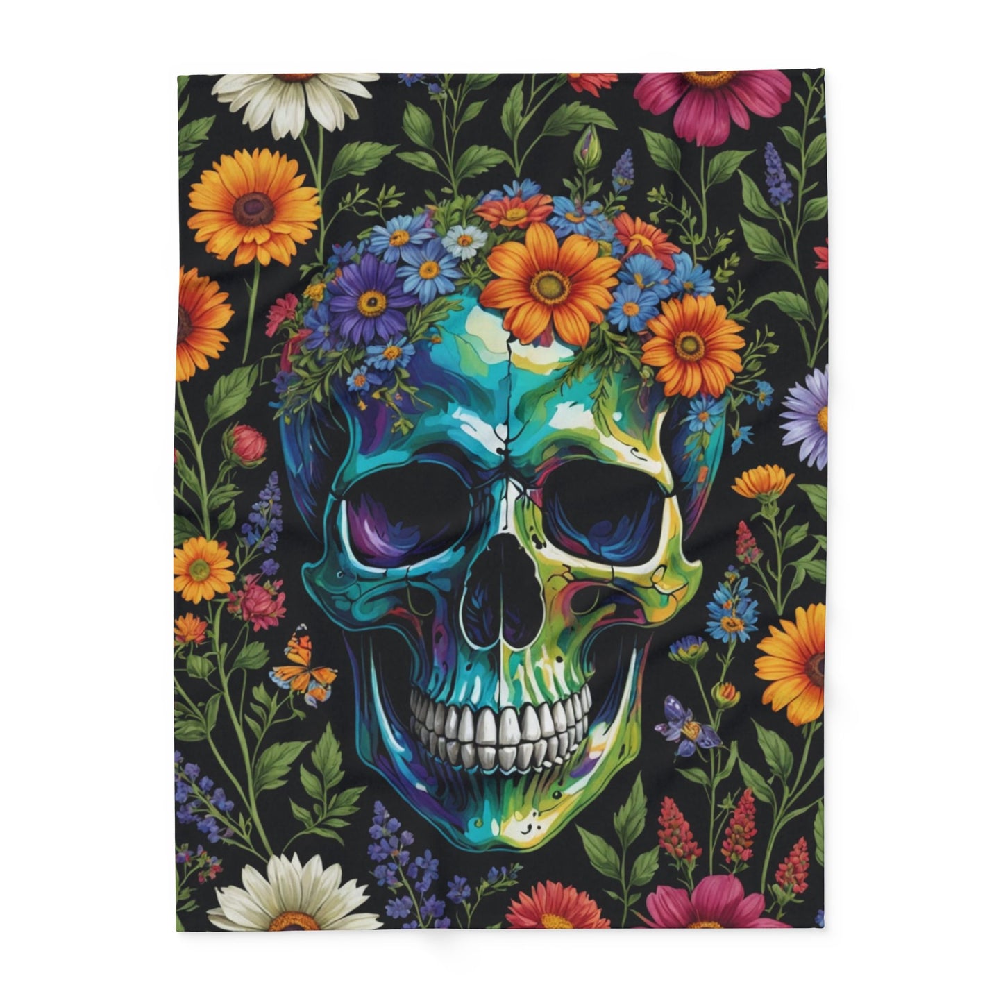 Skull in wildflowers Arctic Fleece Blanket