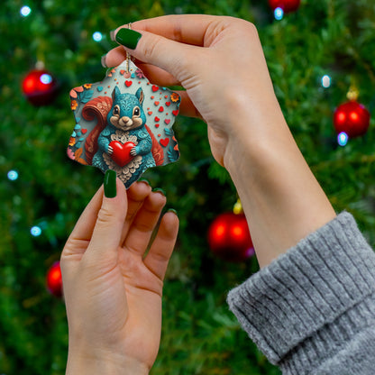 Woodcut Loving Squirrel Ceramic Ornament, 4 Shapes
