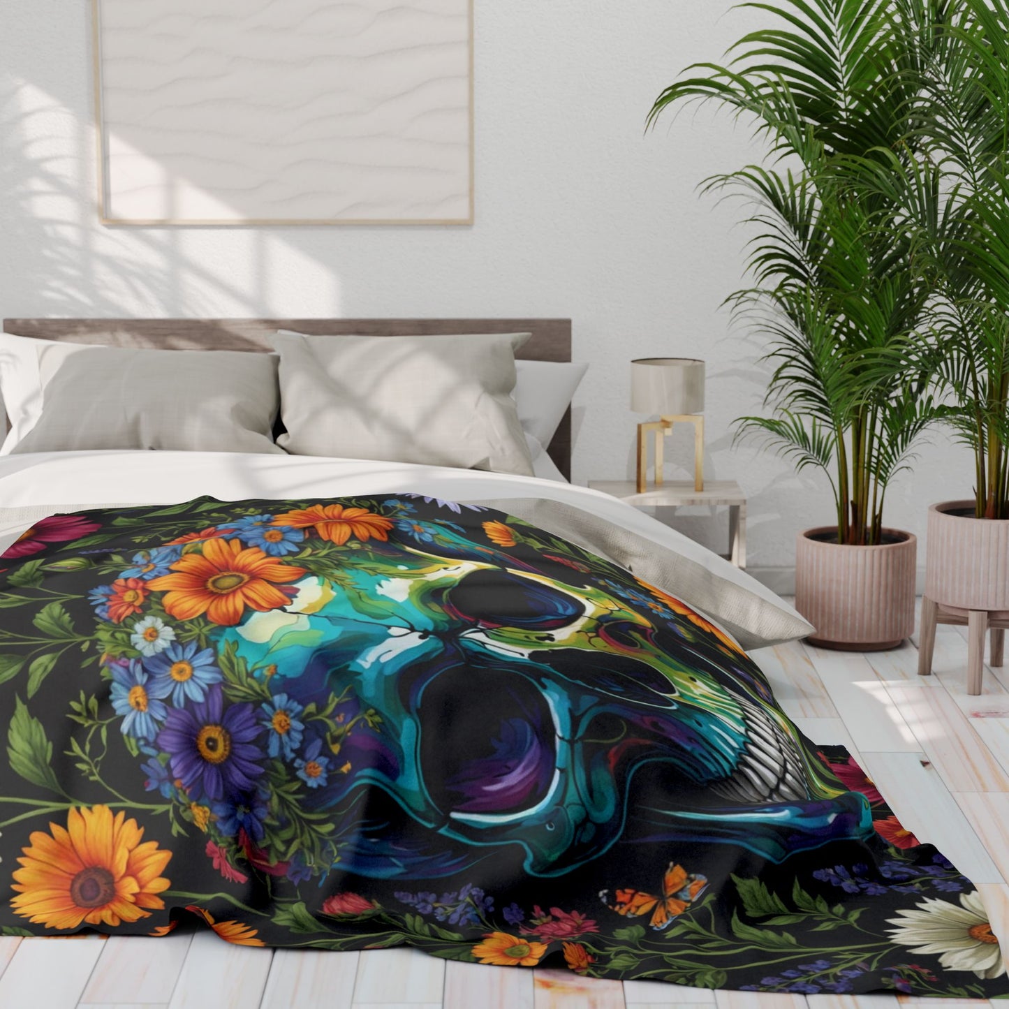 Skull in wildflowers Arctic Fleece Blanket