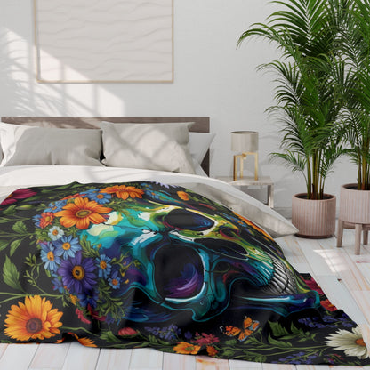 Skull in wildflowers Arctic Fleece Blanket