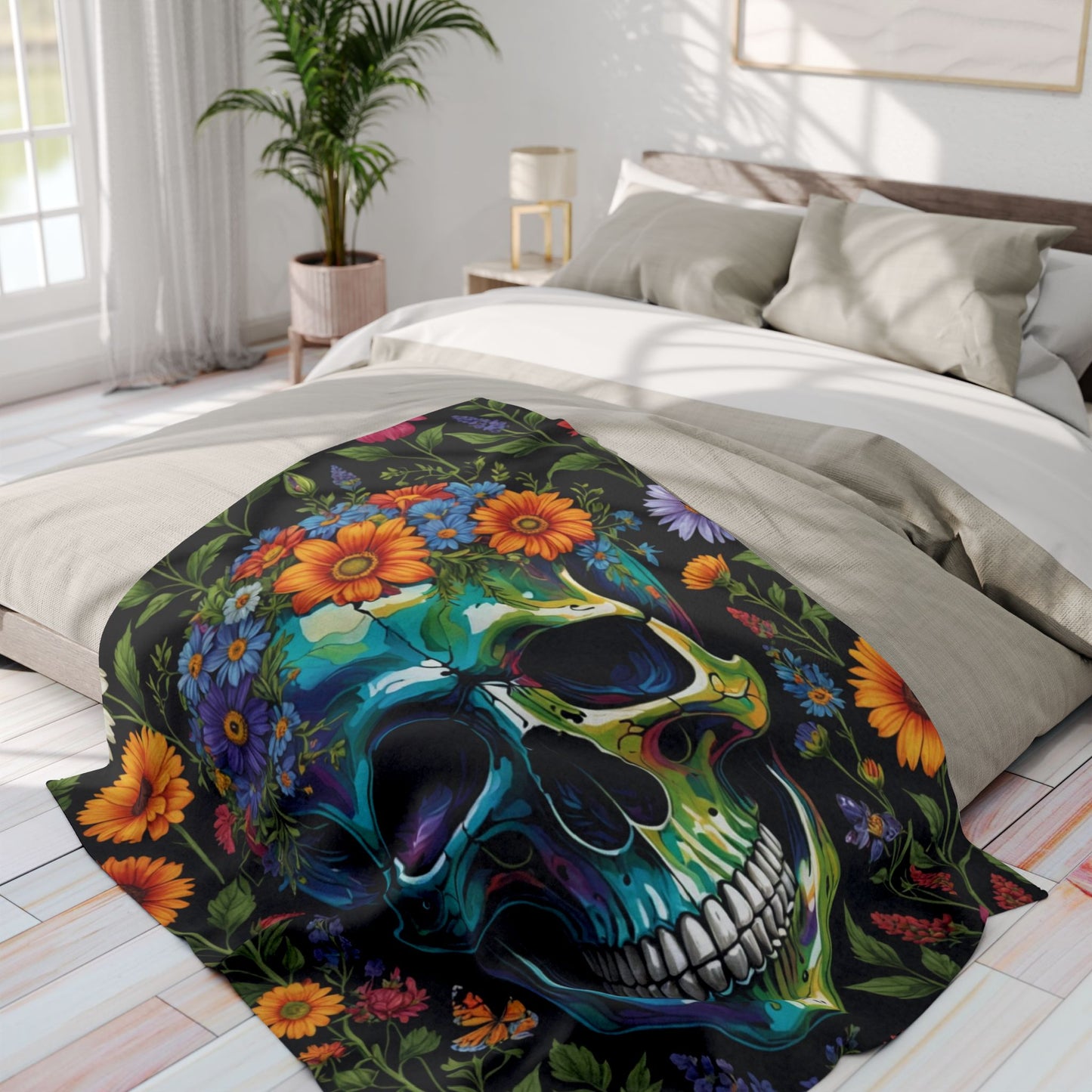 Skull in wildflowers Arctic Fleece Blanket