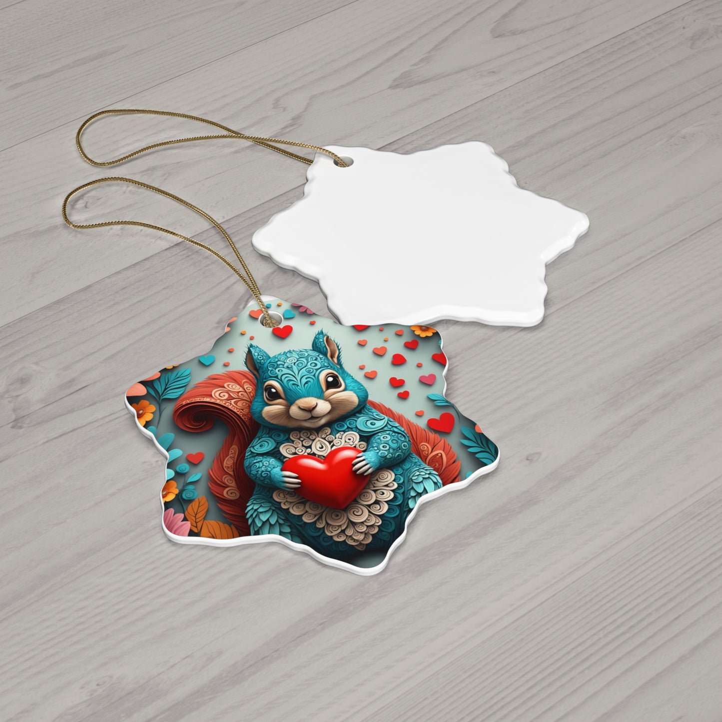 Woodcut Loving Squirrel Ceramic Ornament, 4 Shapes