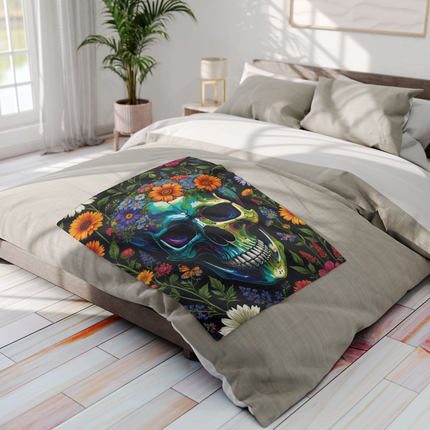 Skull in wildflowers Arctic Fleece Blanket