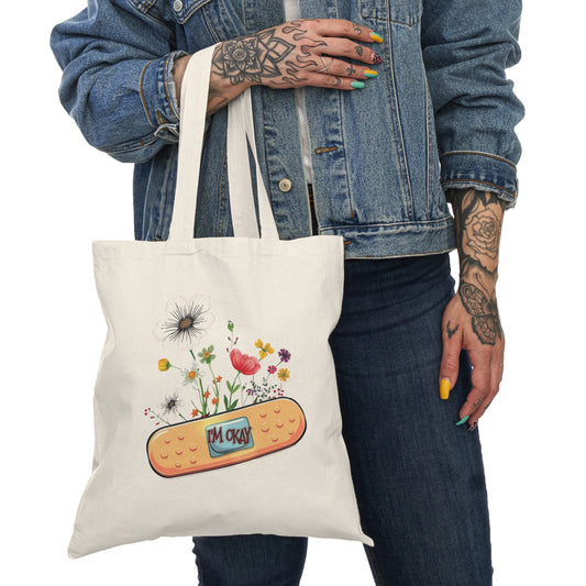 Floral Band-Aid "I Am Okay''  Tote Bag | Eco-Friendly Shopper, Gift for Her, Vintage Style Market Bag, Reusable Grocery Bag, Everyday Carryall