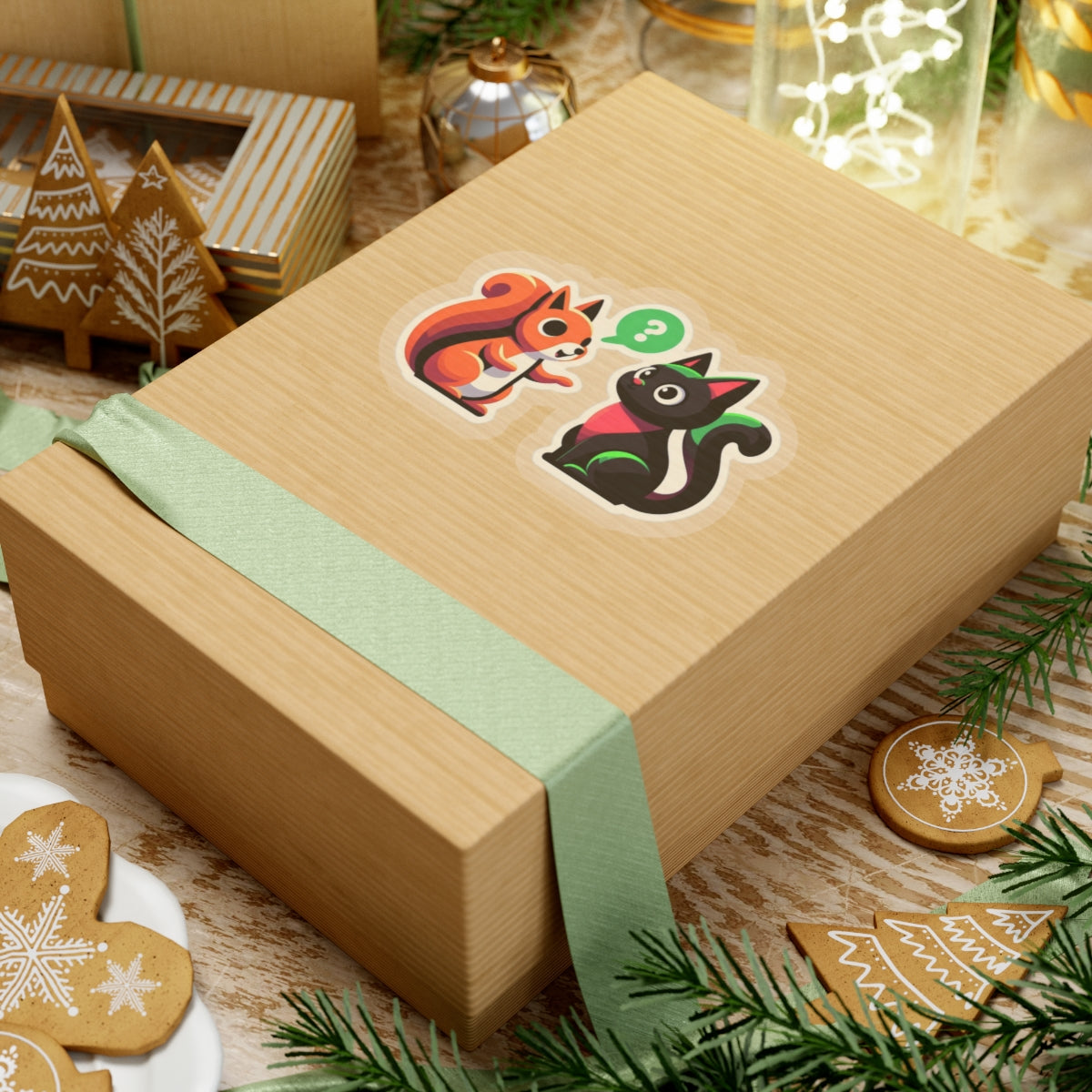 A chatty squirrel and a black cat, Kiss-Cut Stickers